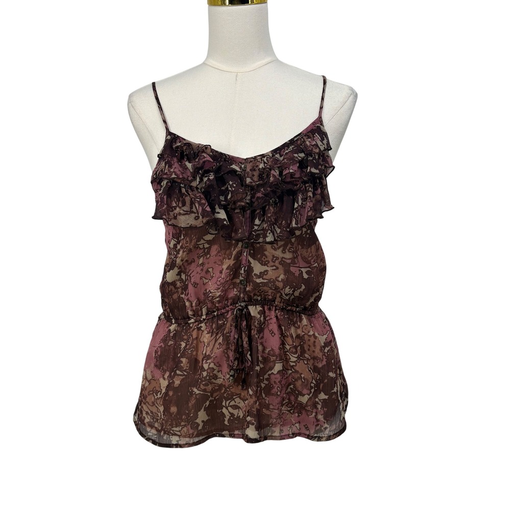 Y2K Womens Plum Abstract Floral Ruffle‎ Drawstring Peplum Camisole Top Small